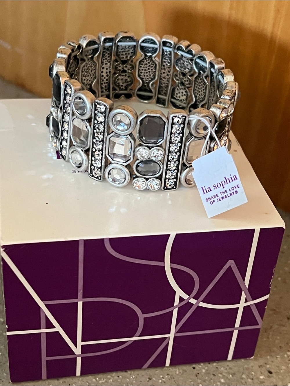 Lia Sophia Silver and Clear Multi-Cut Crystal Stretch Bracelet